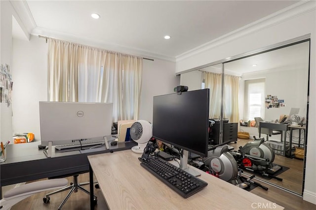 office space with crown molding and wood-type flooring