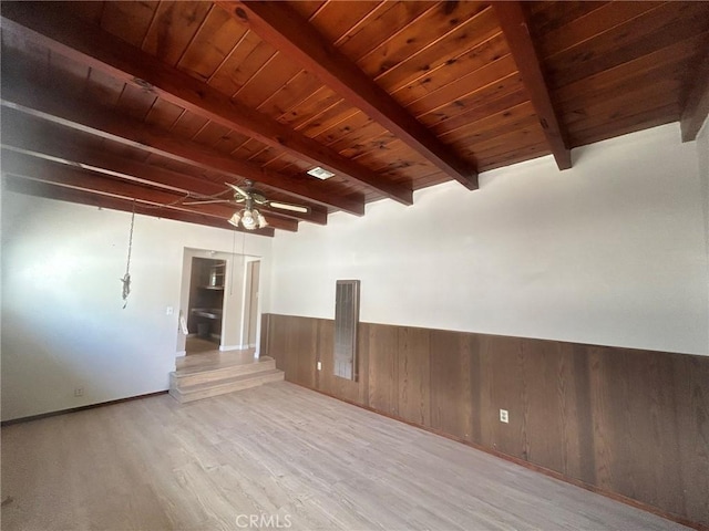 unfurnished room featuring ceiling fan, wooden ceiling, light hardwood / wood-style flooring, and beam ceiling