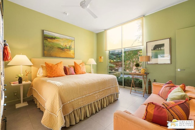 bedroom with ceiling fan, light tile patterned flooring, and access to outside