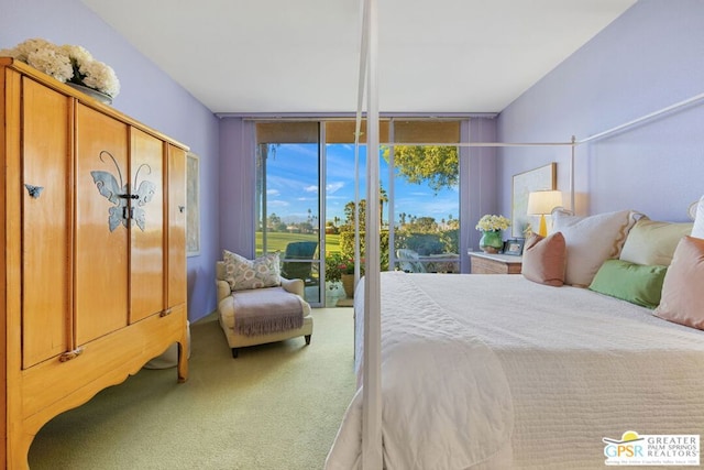 carpeted bedroom with access to exterior and a wall of windows