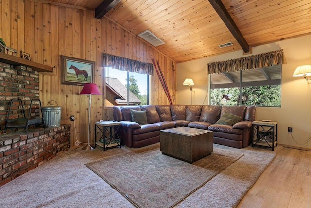 living room featuring lofted ceiling with beams, wood ceiling, wooden walls, and hardwood / wood-style flooring