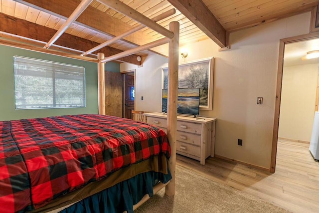 bedroom with wood ceiling, beam ceiling, and light hardwood / wood-style floors