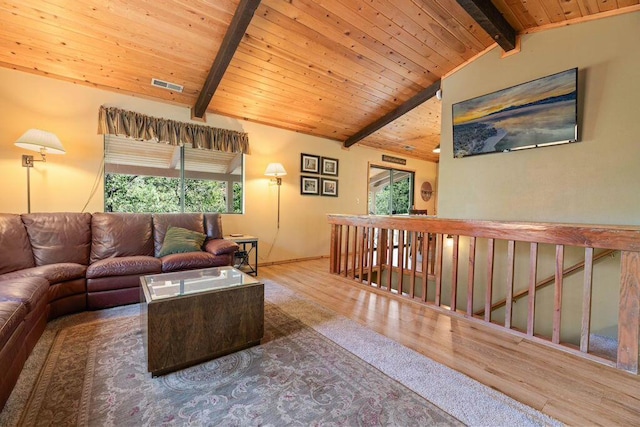 living room with hardwood / wood-style floors, wood ceiling, and vaulted ceiling with beams