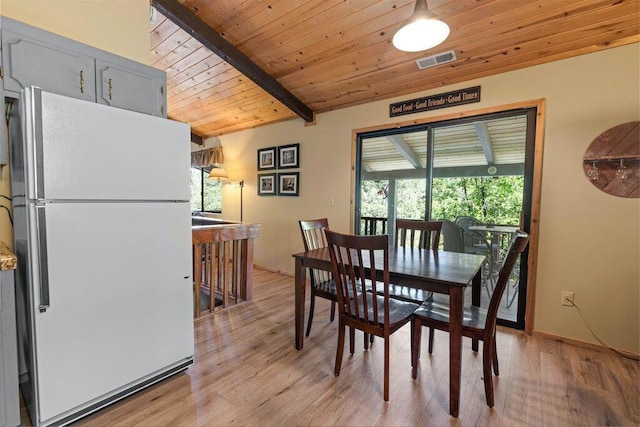 dining space featuring a wealth of natural light, beamed ceiling, wood ceiling, and light hardwood / wood-style flooring