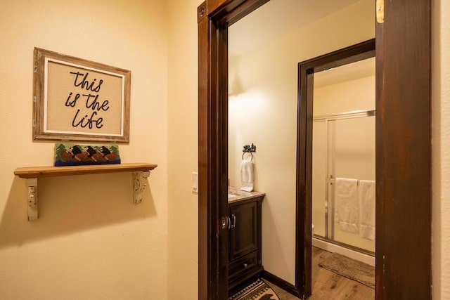 bathroom with wood-type flooring and vanity