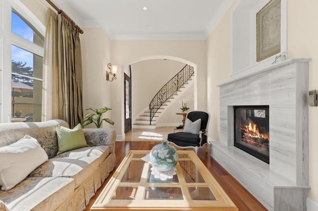 sitting room featuring hardwood / wood-style flooring, a high end fireplace, and crown molding