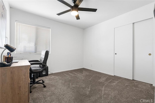 carpeted office featuring ceiling fan