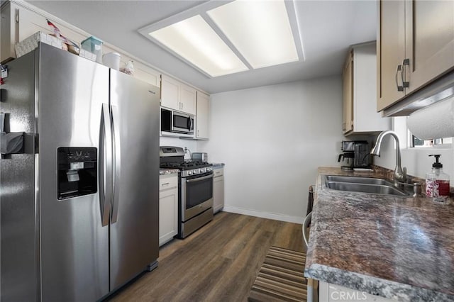 kitchen with stainless steel appliances, white cabinets, dark hardwood / wood-style floors, and sink