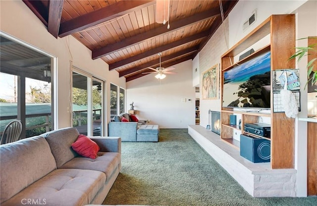 interior space featuring carpet, wood ceiling, high vaulted ceiling, ceiling fan, and beam ceiling