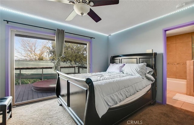 bedroom featuring ceiling fan, connected bathroom, and carpet floors