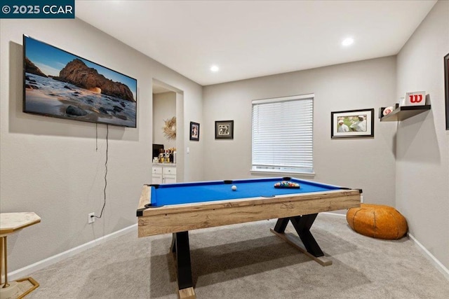 playroom with pool table and carpet flooring