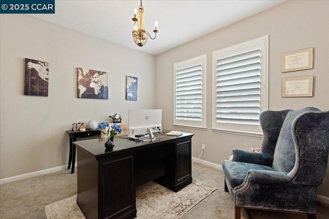 carpeted office space with a notable chandelier