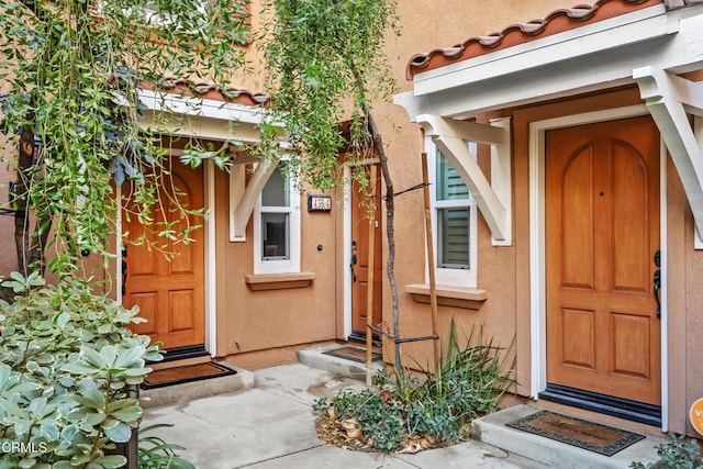 view of exterior entry featuring stucco siding