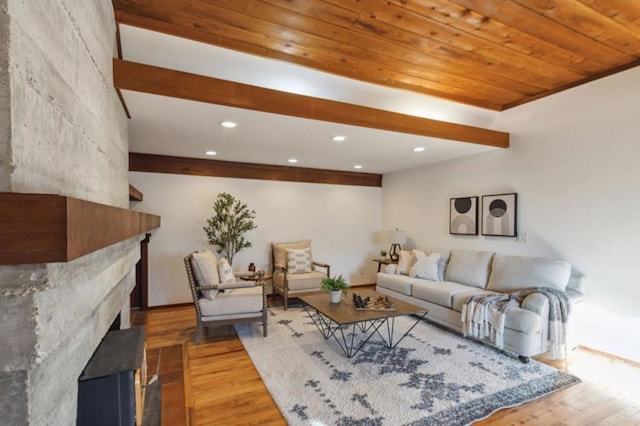 living room featuring hardwood / wood-style floors and a stone fireplace