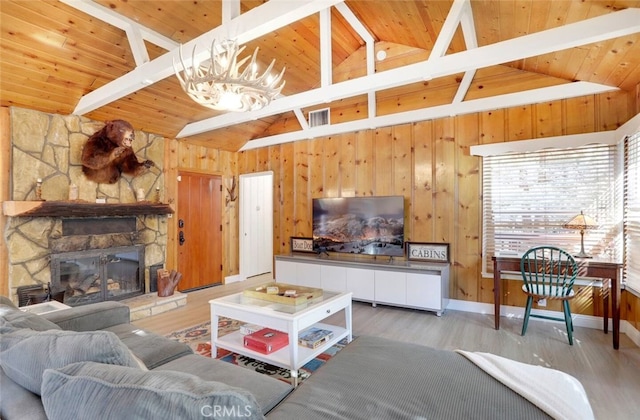 living room featuring wood ceiling, a fireplace, hardwood / wood-style flooring, and beamed ceiling