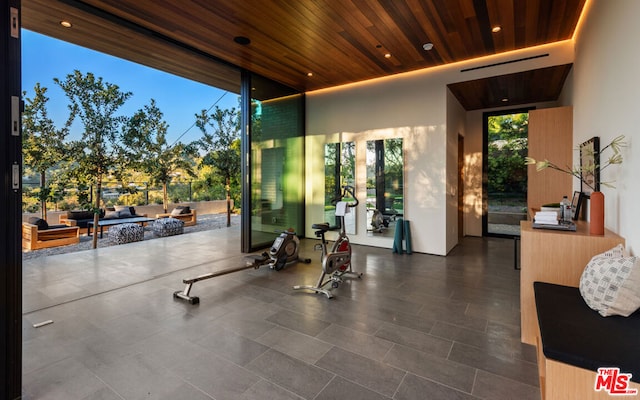 gym with expansive windows and wood ceiling