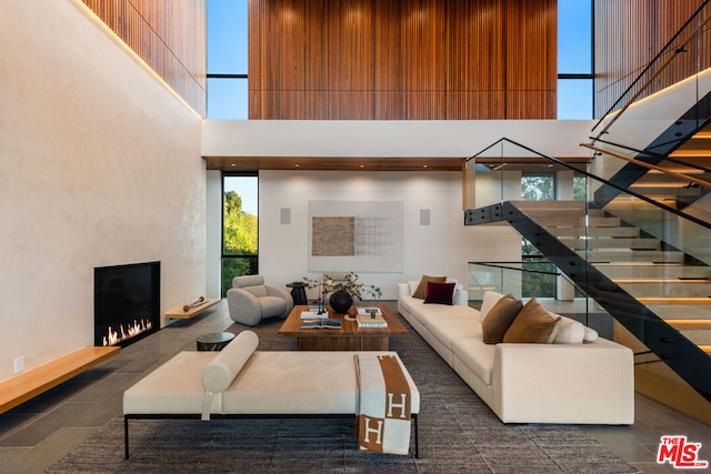 living room featuring a high ceiling