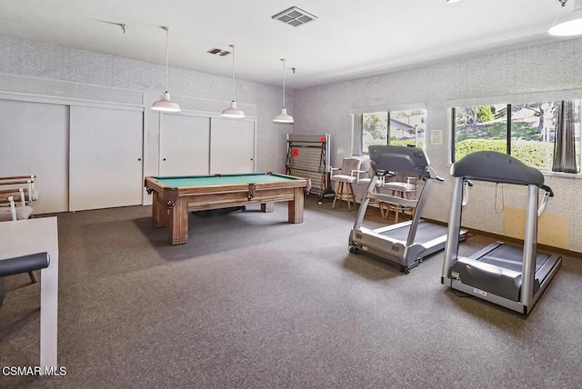 game room with dark carpet and billiards