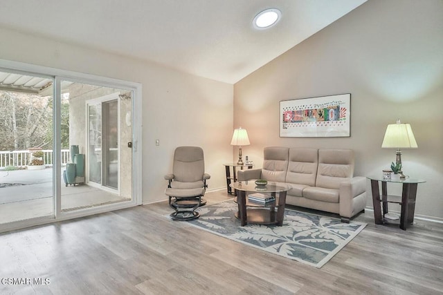 living room featuring wood-type flooring and lofted ceiling