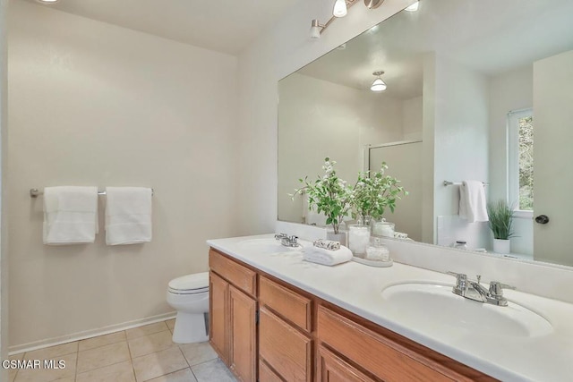 bathroom with vanity, toilet, tile patterned floors, and an enclosed shower