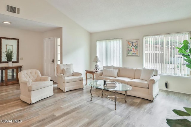 living room with lofted ceiling and light wood-type flooring