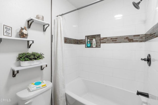 bathroom with toilet and shower / bathtub combination with curtain