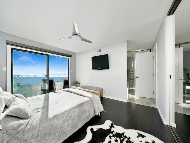 1380 Skyline Dr, Laguna Beach, CA 92651 - bedroom featuring access to exterior, wood finished floors, and a ceiling fan