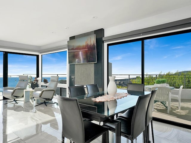 dining room with a wealth of natural light and a water view