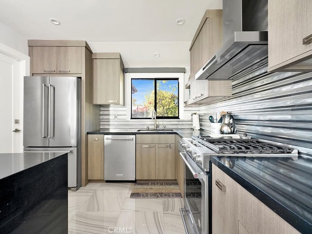 1380 Skyline Dr, Laguna Beach, CA 92651 - kitchen featuring appliances with stainless steel finishes, wall chimney range hood, light brown cabinetry, tasteful backsplash, and recessed lighting