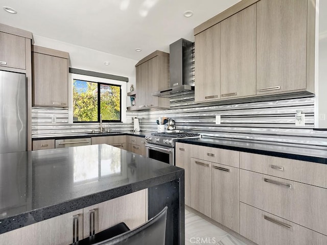 1380 Skyline Dr, Laguna Beach, CA 92651 - kitchen with wall chimney range hood, stainless steel appliances, dark stone counters, tasteful backsplash, and light brown cabinets