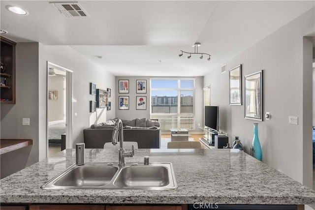 kitchen featuring light stone counters, sink, and a kitchen island with sink