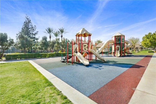 view of play area featuring a lawn