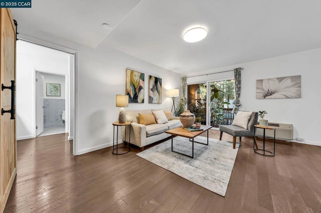 living room featuring dark wood-type flooring