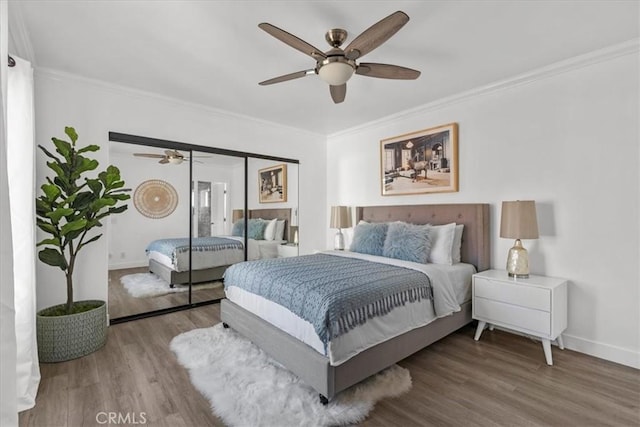 bedroom featuring ceiling fan, a closet, ornamental molding, and hardwood / wood-style flooring