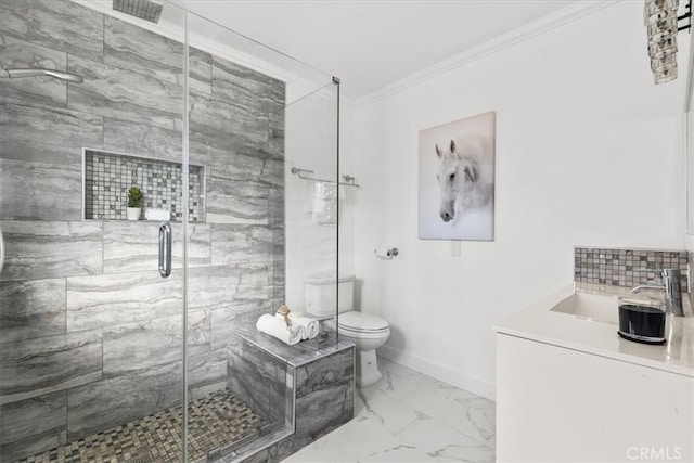 bathroom with toilet, a shower with door, ornamental molding, and vanity