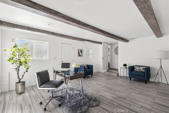 home office with beamed ceiling