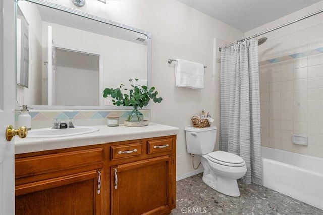 full bathroom with shower / tub combo, vanity, and toilet