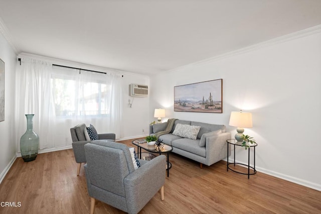 living room with hardwood / wood-style floors, crown molding, and a wall mounted AC