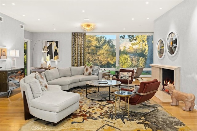 living room featuring a healthy amount of sunlight, light hardwood / wood-style floors, and expansive windows