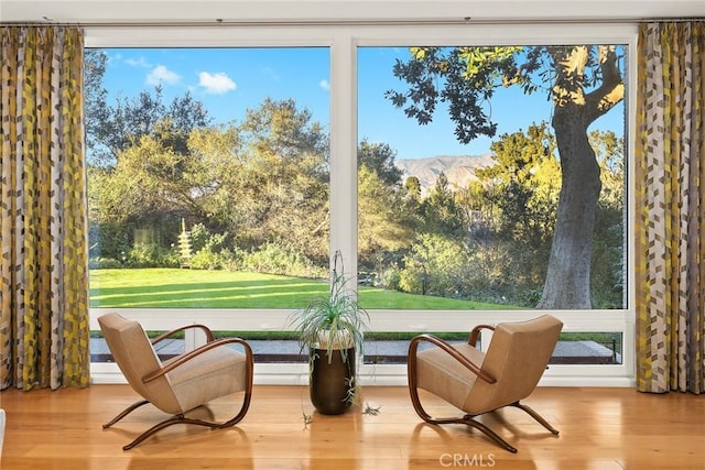 sunroom featuring a mountain view