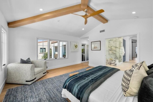 bedroom with lofted ceiling with beams, ceiling fan, and light wood-type flooring