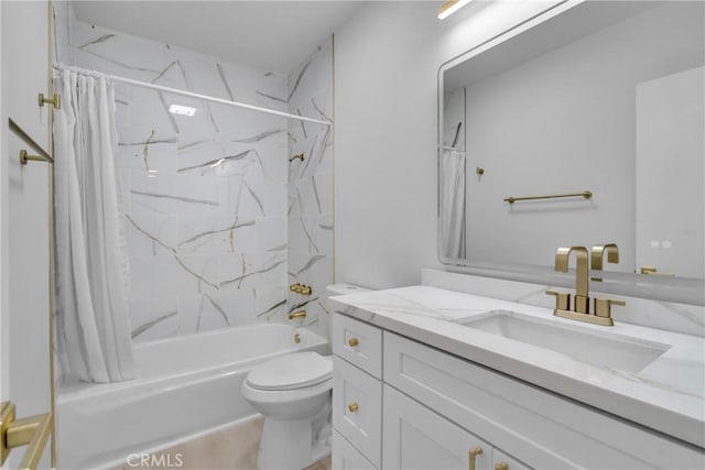 full bathroom with toilet, vanity, and shower / tub combo with curtain