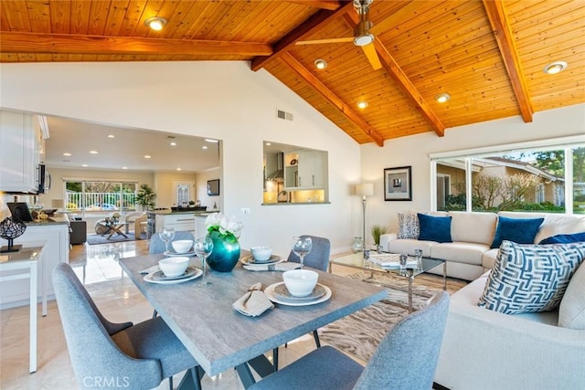 tiled living room featuring wood ceiling, beam ceiling, and high vaulted ceiling