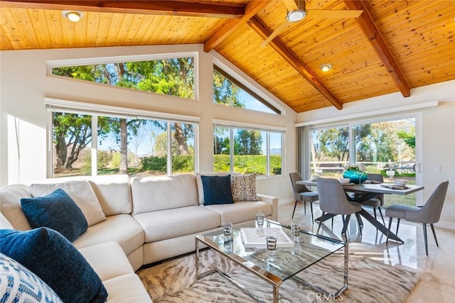 sunroom featuring wood ceiling and lofted ceiling with beams