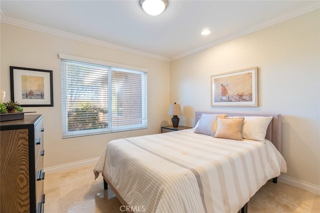 bedroom featuring light tile patterned flooring and crown molding