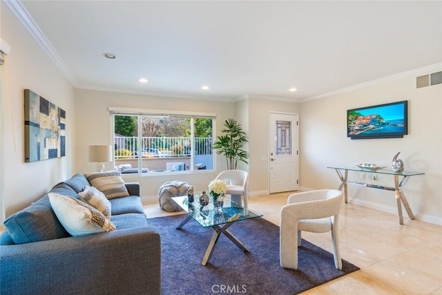 living room featuring crown molding