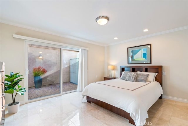 bedroom featuring access to exterior and crown molding