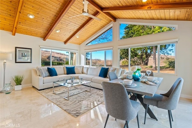 sunroom featuring wooden ceiling and lofted ceiling with beams