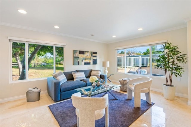 living room with crown molding