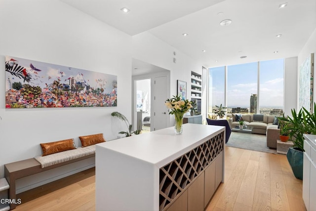 kitchen with expansive windows, a kitchen island, and light wood-type flooring